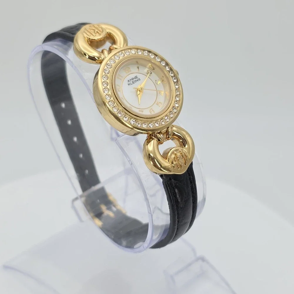 Vtg ANNE KLEIN II Ladie's Watch Women's Crystal Studded Gold Plate Leather 7.25